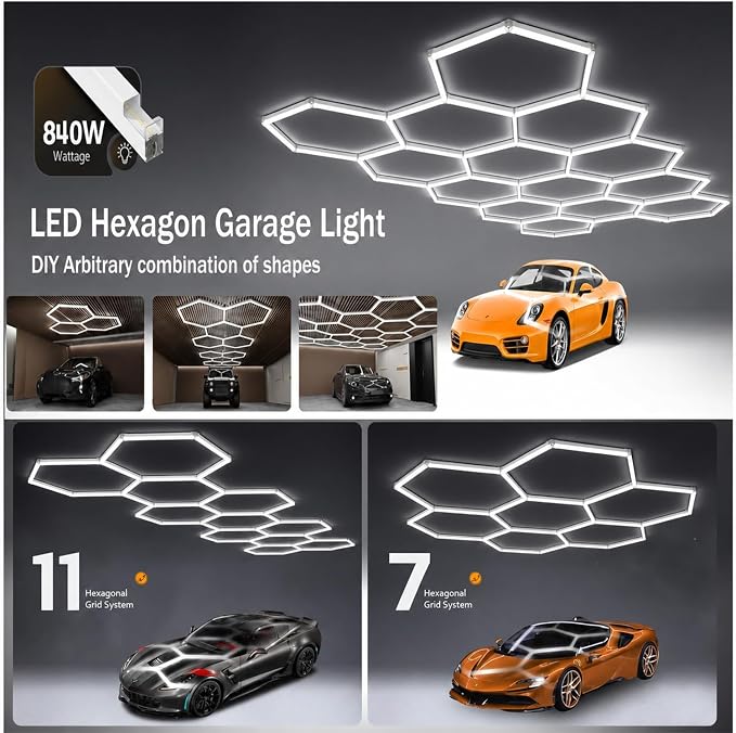 Hexagon LED Garage Light, 64500LM Ultra Bright 14-Hexagon 58-Tube Honeycomb Ceiling Lights, 6000K Daylight for Garage Gym, Car Detailing, Workshop, Warehouse & Auto Studio, DIY Hex Lights