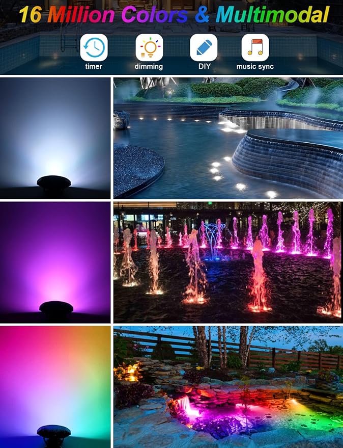 RGB Underwater Pond Lights, Super Bright 18 LED Submersible Fountain Lights Color Changing Spotlights, Bluetooth APP Control IP68 Waterproof for Fish Aquarium Tank Garden Yard Pool(Set of 12)