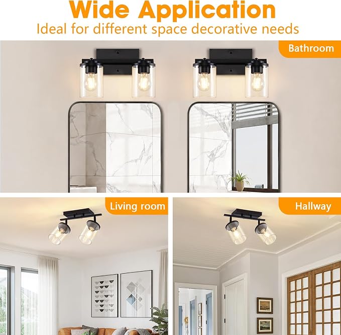 FadimiKoo 2-Lights Semi Flush Mount Ceiling Light, Modern Black Kitchen Light Fixtures Ceiling with Clear Glass Shade, Multi-Directional Track Lighting Kit for Entryway Bathroom Bedroom
