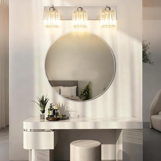 Aipsun Brushed Nickel Vanity Light Bathroom Lighting Fixtures 3 Light Crystal Modern Bathroom Vanity Light (Exclude Bulb)