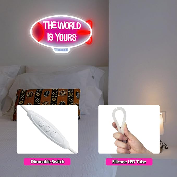 The World Is Yours Neon Sign Dimmable Blimp Neon Light for Wall Decor | USB Powered Airship Led Light Up Sign for Bedroom Game Room Man Cave Boy Teen Room Bar Birthday Party Wedding Valentines Day