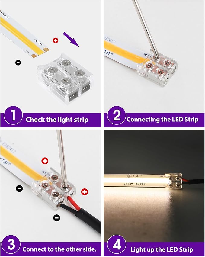 HitLights 12 Pack LED Connector 2 Pin 8mm Solderless LED Tape Lights Connector Transparent LED Strip Lights Connectors with Screwdriver Strip to Wire for 12V 24V Single Color LED Light Strips | Strip-to-Wire, Transparent, with Screwdriver, Work with 5V...