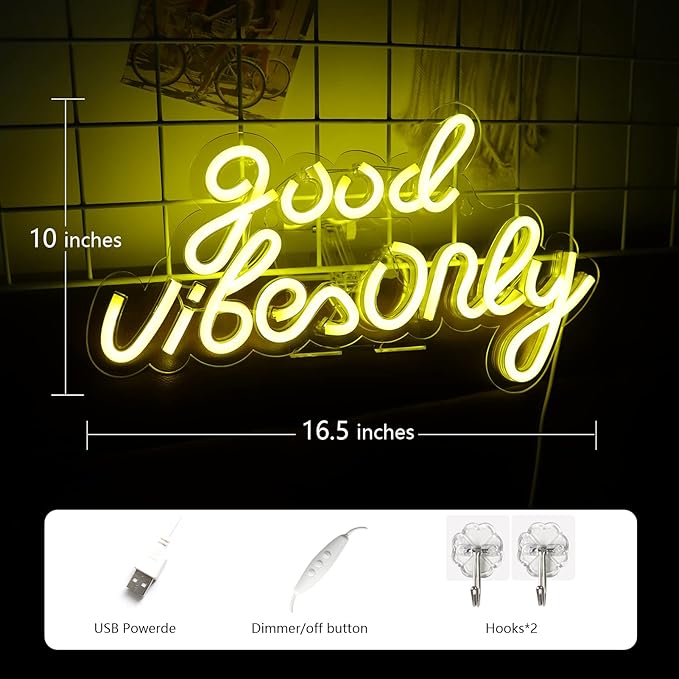 JFLLamp Good Vibes Only Neon Signs for Wall Decor Neon Lights Led Signs Suitable for Living Beer Bar Game Room Hotel Birthday Party Restaurant Christmas Unique Gift for Lover, 16.5 * 10 Inch(Yellow)