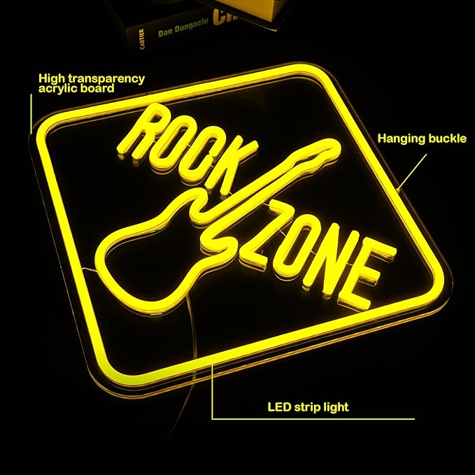 Guitar Rock Zone Neon Sign for Wall Decor Dimmable LED Music Neon Light USB Guitar Light Up Sign for Live Music Room, Band Studio, Concert Halls, Bars, Bedroom, Game Room, Man Cave, Party