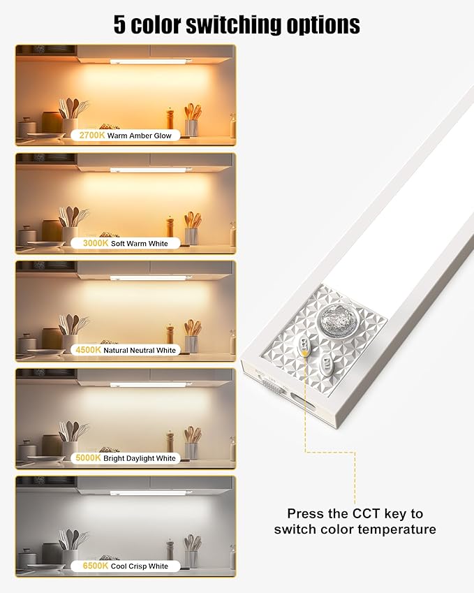 Under Cabinet Motion Sensor Lighting - 8 Inch Wireless Under Cabinet Lighting, Rechargeable with Magnetic Mount, 5CCT Adjustable for Kitchen/Hallway (White, 2-Pack)