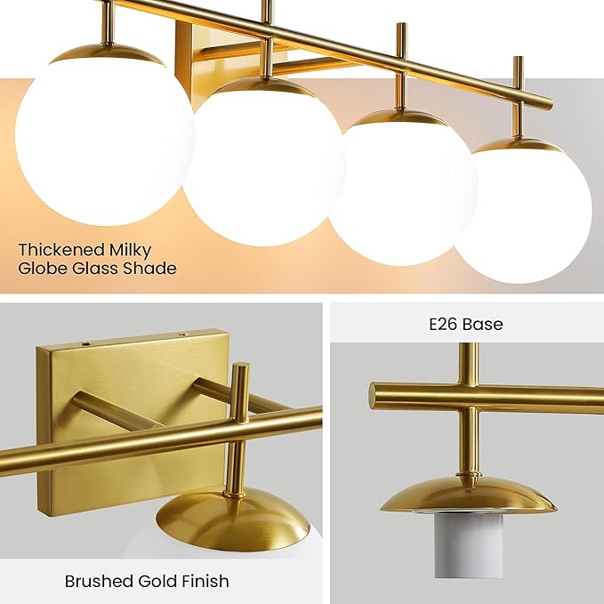 Bathroom Light Fixtures, 4-Light Brushed Gold Bathroom Vanity Lights Over Mirror, 30.7 Inch Modern Vanity Lighting with Milky White Glass Globe Shade Wall Sconce Lighting Bath