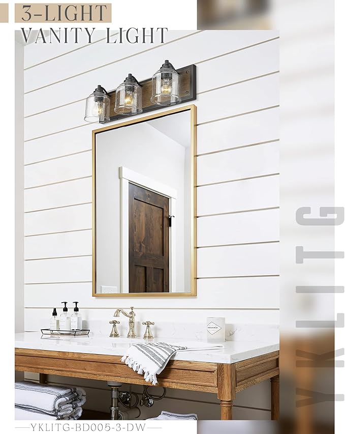 Vanity Lights for Bathroom Large 23", Farmhouse Rustic Vanity Light with Bubble Glass Shades, Brown 3 Light Bathroom Lighting Fixtures Over Mirror, Bath Wall Sconce Home Decor