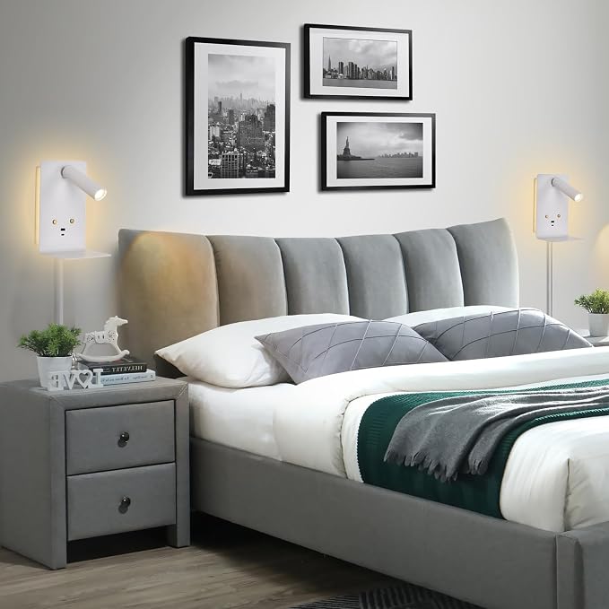 ZEROUNO Touch Dimmable Wall Mounted Reading Light Set of 2, Plug in Bedroom Bedside Lamp Wall Mount Sconce, White Corded Headboard Reading Lamp with USB C+A Charging Ports for Bed Side Room