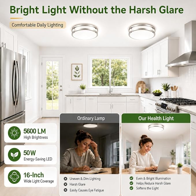 16in 50W LED Ceiling Light Fixture 5600lm Super Bright, 2-Pack Dimmable LED Flush Mount Ceiling Lights 2700K-6500K Adjusted, Brushed Nickel Modern Light Fixture Ceiling for Living Room Bedroom Kitchen