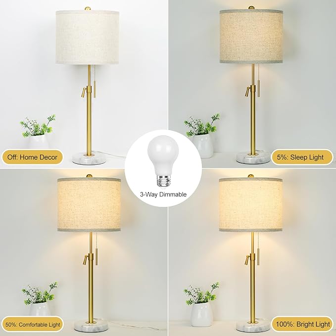 Table Lamps for Bedrooms Set of 2, 22" to 30" Height Adjustable Nightstand Lamps with Linen Shade, Pull Chain Switch Lamps for Living Room, 3 Way Dimmable Bedside Lamp