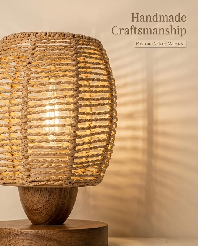Rattan Table Lamp,Boho Small Beside Lamp,Farmhouse Table Lamp for Room Decor,Vintage Wicker Wooden Nightstand Bamboo Woven End Table Lamps for Bedroom Living Room Desk Kids Room,LED Bulb Included