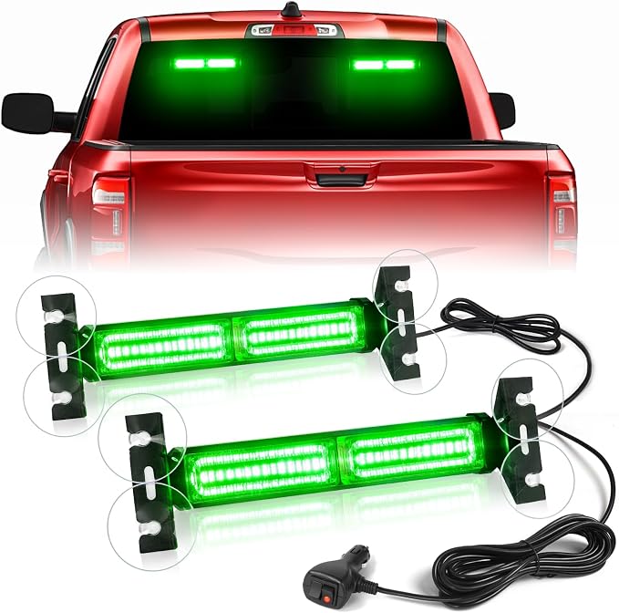 HLauto 1002L Emergency Strobe Traffic Advisor Light Bar: 40 LED Dash Safety Warning Flashing Light, Front/Rear Windshield Visor Lights for Construction Vehicle, Tow/Plow Truck (2x10.7inch, Green)