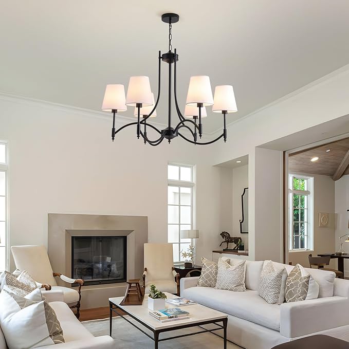 Black Farmhouse Chandelier for Dining Room， 6-Lights with White Fabric Shade Dining Room Light Fixtures，Rustic Industrial Chandelier for Living Room Kitchen Island Foyer