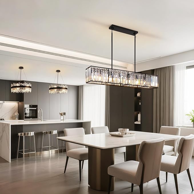Siljoy Modern Crystal Chandelier for Dining Room, 7 Lights Black Large Rectangular Farmhouse Crystal Chandelier Industrial Linear Pendant Ceiling Light for Living Room Kitchen Island Bar L47''