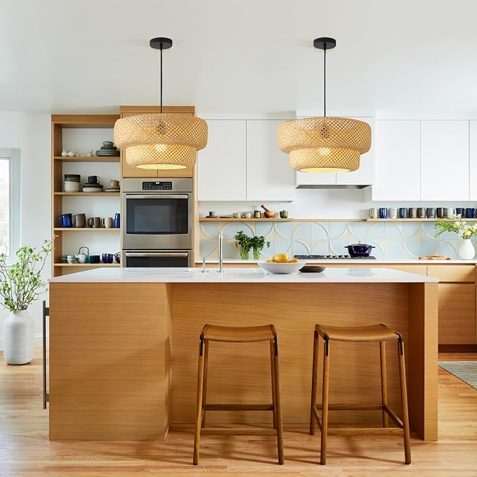 Bamboo Pendant Light,13.8" Rattan Chadelier | Hand-Woven Bamboo Rattan Chandelier Shade for Dining Living Bedroom Kitchen Farmhouse 1-Pack