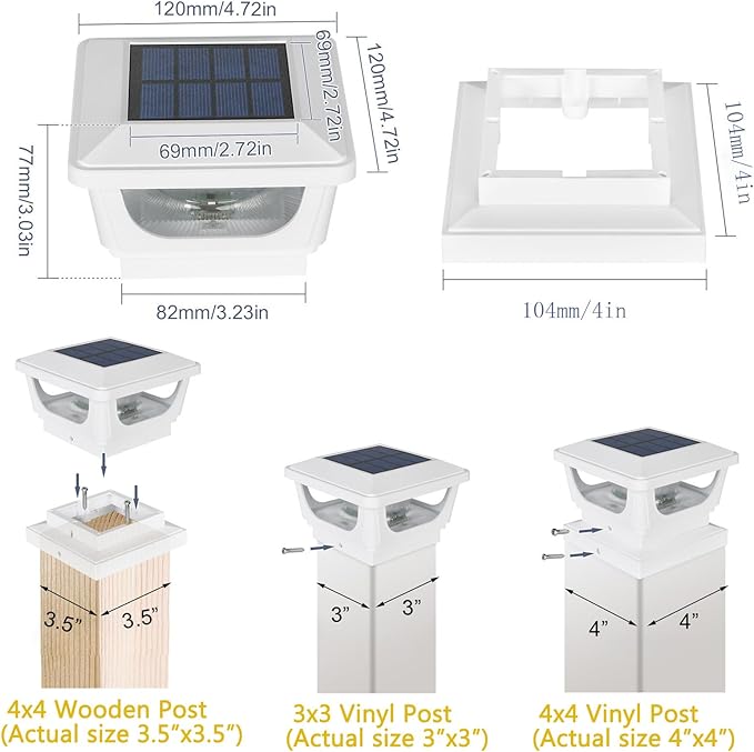 Sumaote 120 Lumen Solar Post Cap Light Outdoor Fits 4 x 4 Wood, 3x3 & 4x4 PVC/Vinyl Posts, 3000K Warm White LED Fence Deck Post Lights Solar Powered for Garden Yard Railing, IP65 Waterproof, 2 Pack