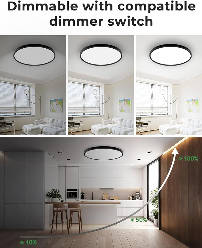 hepside 23INCH Big Dimmable Flush Mount Ceiling Light Fixture Black, 3000/4000/6500K Ceiling Lamp, 50W 5000LM Super Bright Low Profile Light for Bedroom, Kitchen, Bathroom, Hallway