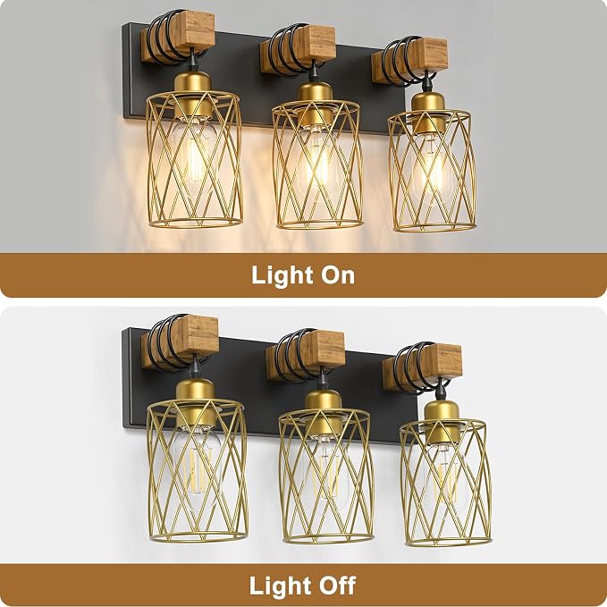 IZORRO Farmhouse Bathroom Vanity Light, 3-Light Wood Bathroom Light Fixtures Over Mirror, Black and Gold Industrial Vanity Lights with Metal Shade, Rustic Restroom Lighting Fixtures