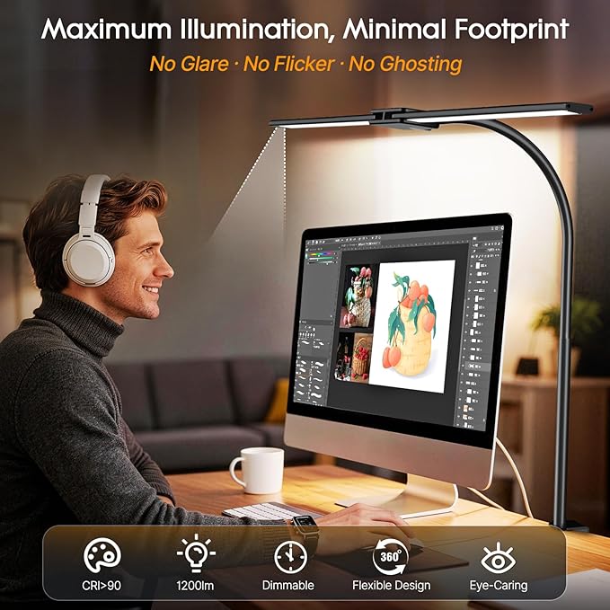 Syrinx LED Desk Lamp for Office Home – Eye Caring Dual Head Desk Light with Flexible Goose-Neck, Clamp, Gesture/Wired Control, 50 Lighting Modes with Memory/Timer, Table Lamp for Study, Drafting