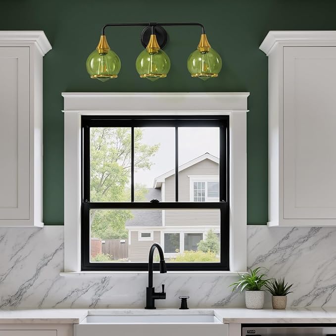 Black and Gold Bathroom Vanity Light 3-Lights Bathroom Light Fixtures Over Mirror with Green Clear Glass Shade 22.4 inch Wall Sconce Lighting Bath(Exclude E26 Bulb)