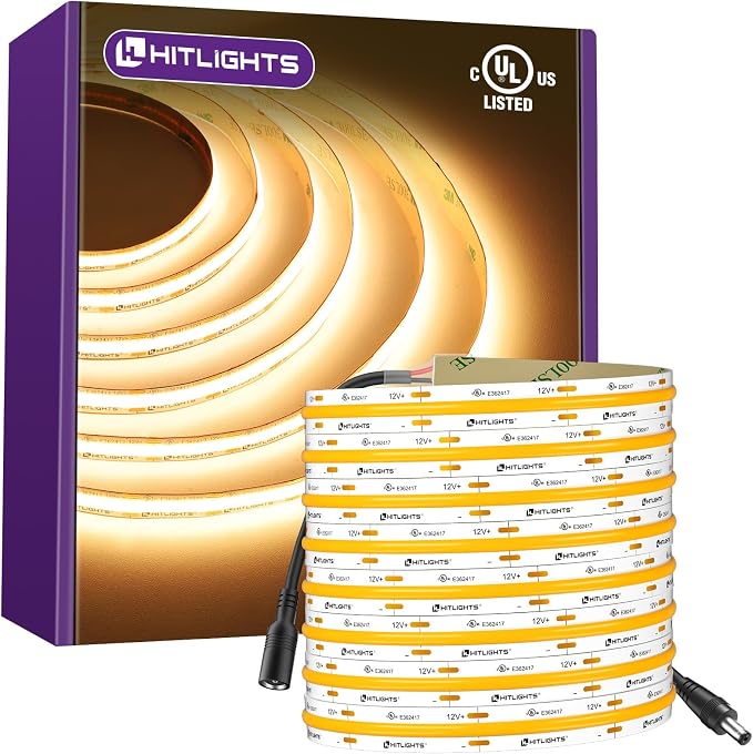 HitLights COB LED Strip Lights Warm White 2700K, 16.4ft 12V Tape, UL Listed | 2640 LEDs, 426 lm/ft, CRI 90+, IP30, High Density, Cuttable, Rope Lighting for Kitchen Cabinets, Power Source Not Included