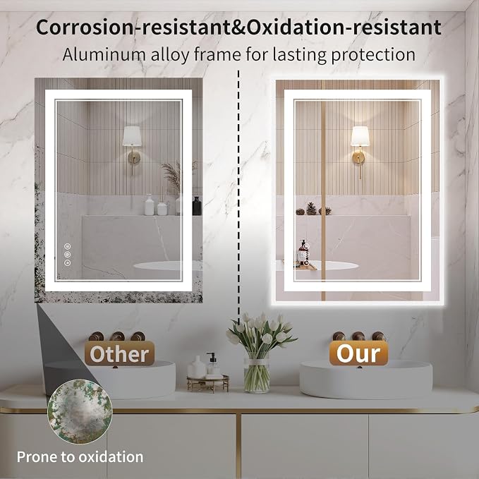 24"x32" LED Bathroom Mirror with Lights, Front & Backlit, Anti-Fog | Lighted Mirror with Dimmable, Aluminum Frame, 3 Color Temperature, CRI 90+, Touch Control with Memory, HD Tempered Glass