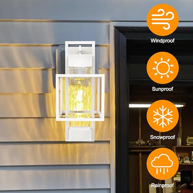 Modern Outdoor Light Fixture Dusk to Dawn Outdoor Lighting, 15" H Exterior Wall Sconce Waterproof Porch Light, Outside Light for House with Water Glass for Garage Doorway, White