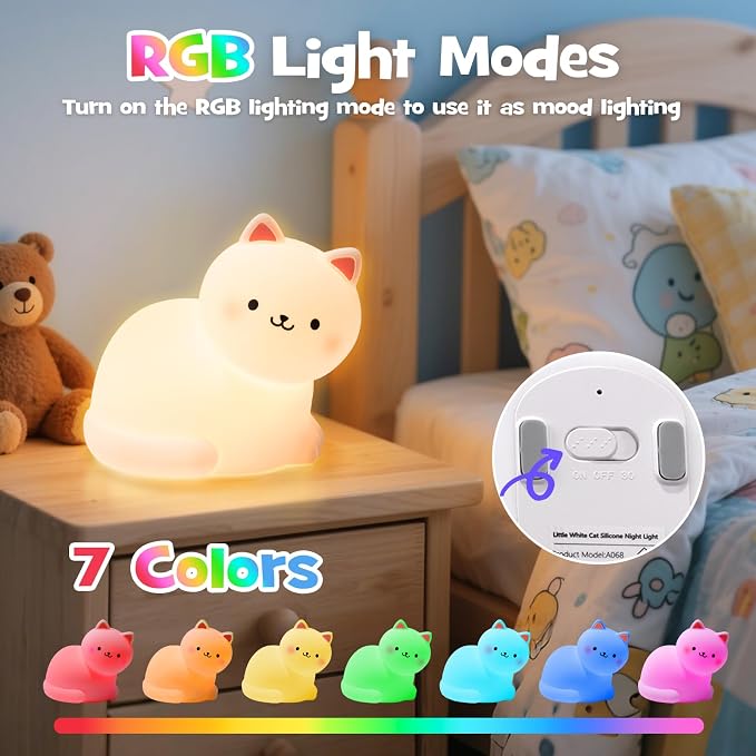 Squishy Cat Night Light with RGB Modes Cute Cat Lamp Warm White 3 Brightness Adjustable Nursery Breastfeeding Nightlight Rechargeable Silicone Soft Touch Bedside Animal Lamp for Bedroom Dorm Decor