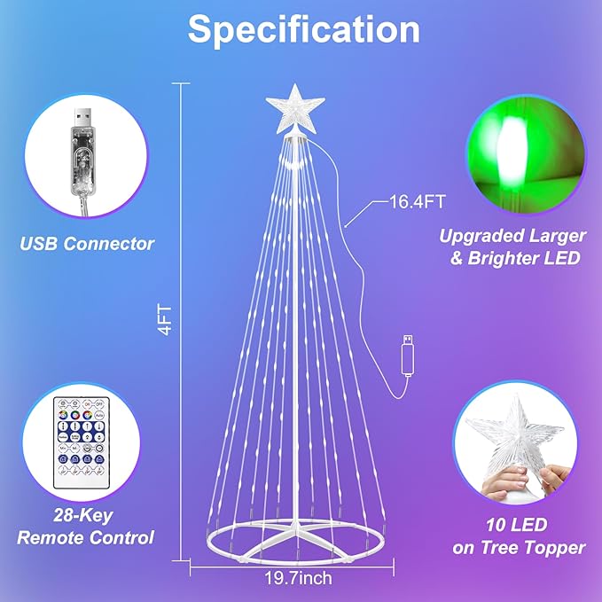 4FT 130LED Smart Christmas Tree Lights, USB Powered Christmas Cone Tree Lights with App Control, Color Changing DIY Music Sync & Timer Outdoor Christmas Tree for Yard Front Porch Xmas Decoration