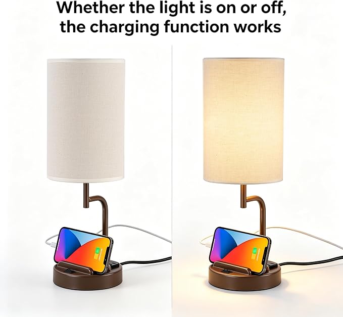 Dreamholder 2 Pack Table Lamp, Bedside Lamp with 3 USB Charging Ports & AC Outlet, USB Desk Lamp with 2 Phone Holders, Linen Fabric Shade Nightstand Lamps for Bedroom Living Room Office, Coffee Brown