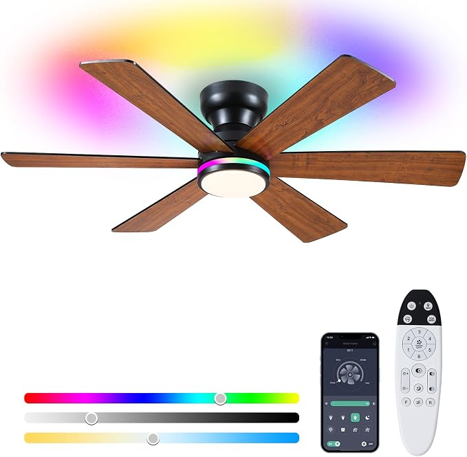 46" 6-Blade Brown Low Profile RGB Ceiling Fan with Light and Remote/APP | 11 RGB Modes,Reversible 6 Wind Speeds,Dimmable 3 CCT LED, 25W Quiet DC Motor,Timer,6 Double-Sided Blades,for Kidsroom Party