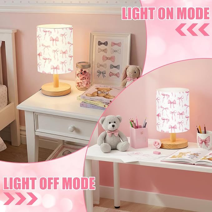 Bow Style Kids Table Lamp for Bedroom Kids Bedside Lamp with Linen Wooden Nightstand Cartoon Nursery Lampshade for Girls Boys Living Room