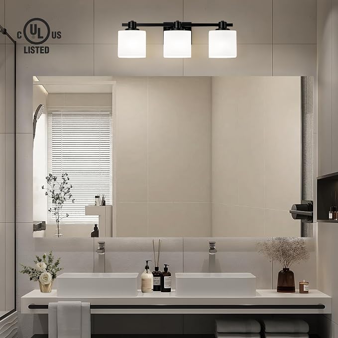 23 Inch Black Bathroom Light Fixtures over Mirror 3 Light Matte Black Vanity Light Milk Glass Makeup Shower Lamp Small Farmhouse Wall Sconce Modern Desk Vintage Rustic Bath above Sink Lighting