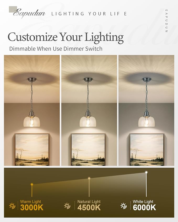 EAPUDUN Modern Farmhouse Pendant Light, 1-Light Industrial Hanging Light Fixture 9.3-inch, Brushed Nickel Finish with Clear Glass Shade, PDA1127-BNK