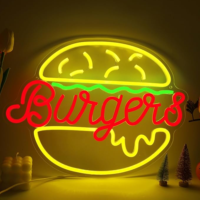 Hamburger Neon Sign USB Powered Wall Decor | Adjustable Brightness, Energy Efficient, 3D LED Light, Restaurant Bedroom Cafe Kids Room, 12.8x16.7in