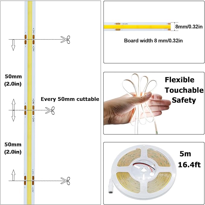 24V COB LED Strip Light Cool White 6000K 2400LEDs 16.4ft(5M) CRI 93+ 4500lm Uniform Glow Dotless Flexible IP20 Not Waterproof LED Tape Lights for DIY Bedroom Kitchen Home Decor(No Power Supply)