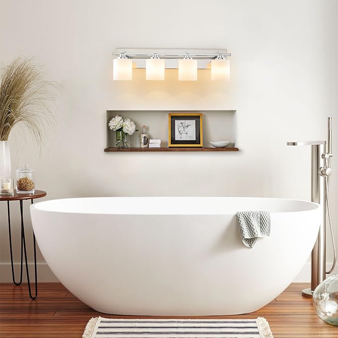 Modern Bathroom Light Fixtures Over Mirror, Vanity Lights for Bathroom Wall Sconces with Milky White Glass Shades, E26 Socket (Bulbs Not Included), 4 Light, Chrome