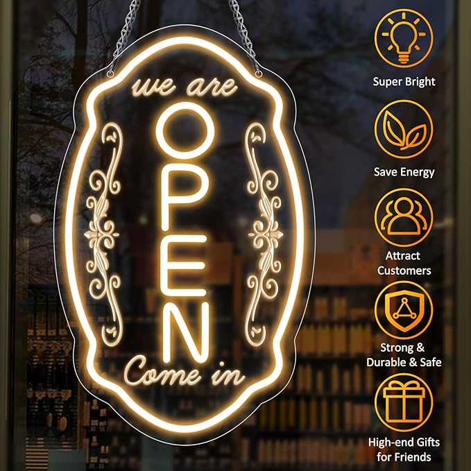 LED Neon Open Sign for Business, 16.5x10'' Come in We’re Open Sign, Warm White Adjustable Brightness Neon Lights for Party, Bar, Salon, Stores, Hotel, Wall Decor, Clubs, Hotels, Vertical