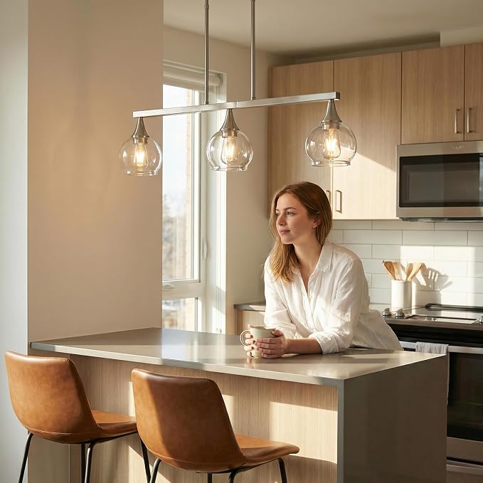 Kitchen Island Linear Pendant Light, 3-Light Brushed Nickeld Dining Room Chandelier with Clear Glass Globe Shades, Modern Linear Lighting Fixture Over Table