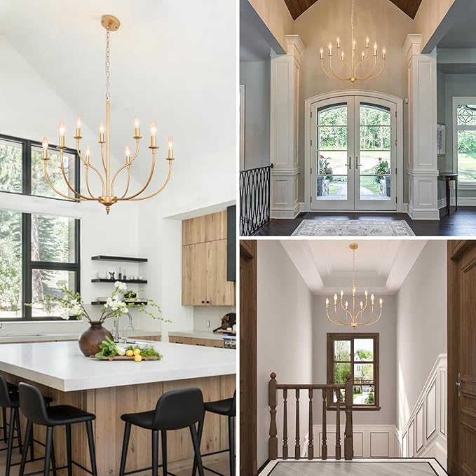 Gold Chandelier, 9-Light Gold Farmhouse Chandelier, 2-Tier Candle Modern Farmhouse Chandeliers for Dining Room Living Room Bedroom Foyer