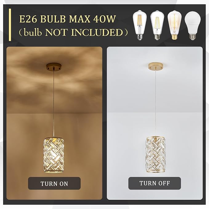 CATINER Gold Crystal Pendant Light, Mini Crystal Chandelier, Kitchen Island | Gold crystal pendant light with adjustable cord, E26 socket, dimmable, ideal for kitchen islands, bedrooms and bars