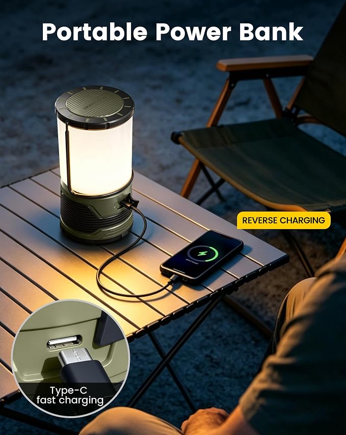 Glocusent 1200LM LED Camping Lantern Rechargeable, 7 Light Modes, 5000mAh Power Bank, IP45 Waterproof, Perfect Lantern Flashlight for Hurricane, Emergency, Power Outages, Home, USB C Cable Included