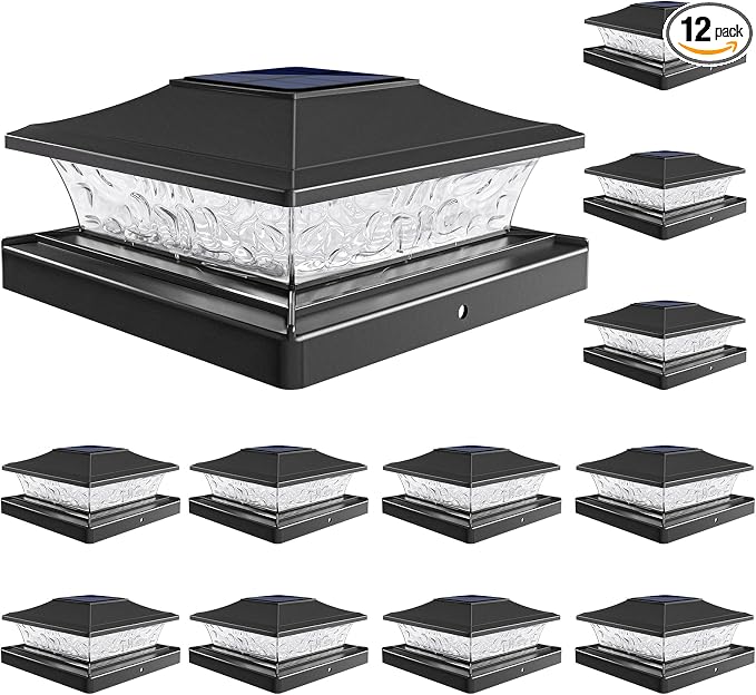 VOLISUN Solar Post Cap Lights, 2 Modes Outdoor Fence Lights (12Pack,Black) | Fits 4x4/6x6 wooden & vinyl posts, warm white, waterproof durable ABS shell lens for patio, garden, backyard fence decoration