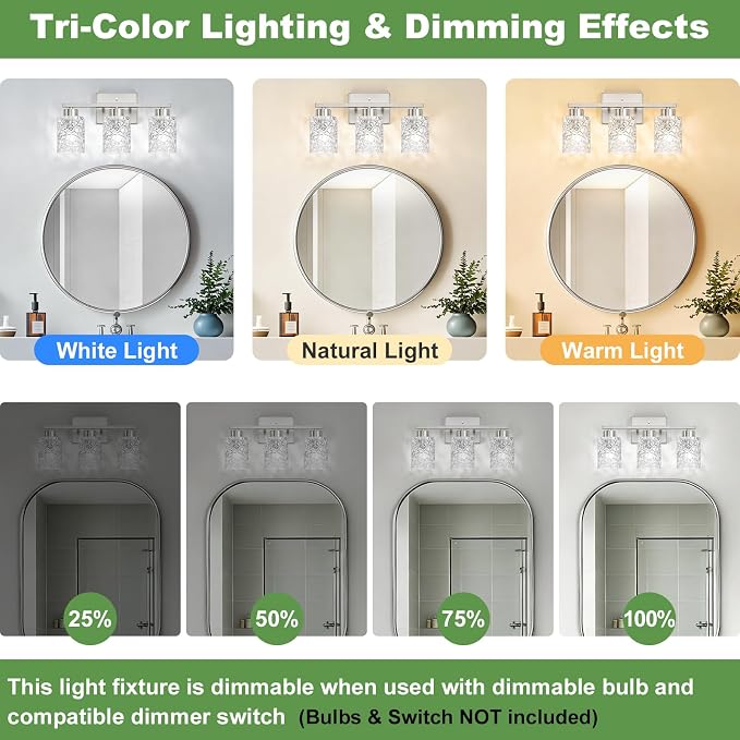 3-Light Bathroom Light Fixtures, Brushed Nickel Vanity Lights Over Mirror | Wall Sconces with Clear Textured Glass Shades for Living Room Bedroom Hallway,E26 Base (Bulbs Not Included)