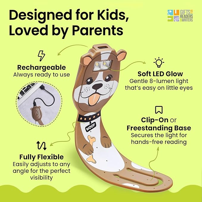 Gifts for Readers & Writers Rechargeable Book Light for Kids, Clip On Reading Light for Bed, 2in1 Flexilight Pals & Bookmark, 12 Hours of Light Once Charged, Includes USB Cable & 2 LED Lights, Dog
