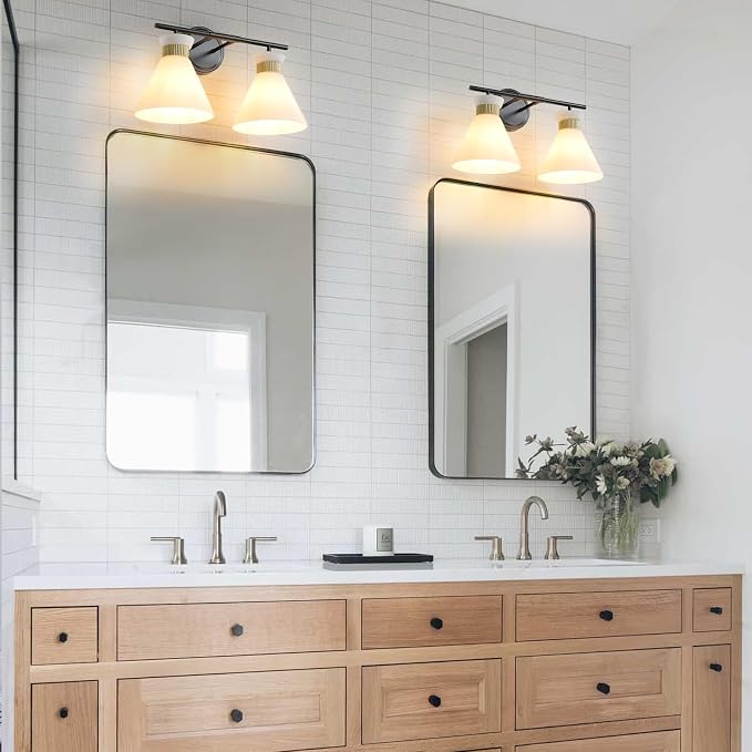 WOSHITU Bathroom Vanity Light Fixtures: 2-Lights Mid Century Modern Vanity Lights for Bathroom, Black and Gold Wall Sconce Lighting with Frosted Milky Glass for Over Mirror Bedroom Hallway