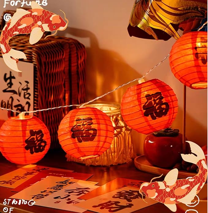 RJZZ Chinese New Year Decorations 2026 Chinese Lanterns Lights 9.4Ft Fu Character Lantern String Lights Battery Operated 10 Count Lunar New Year Decorations New Years Decor for Home
