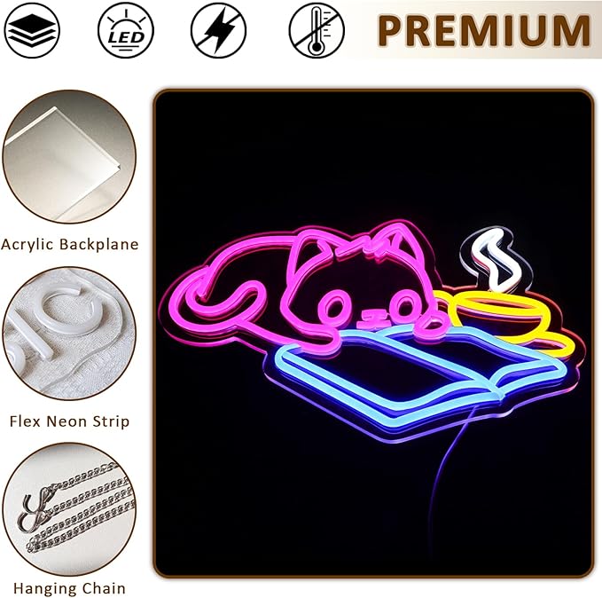 Cat Reading Book Neon Sign for Wall Decor, Cute Cat Led Signs for Library, USB Dimmable Neon Lights for Classroom Reading Cafe Corner Bedroom Study Room Home Book Club Motivational Wall Art