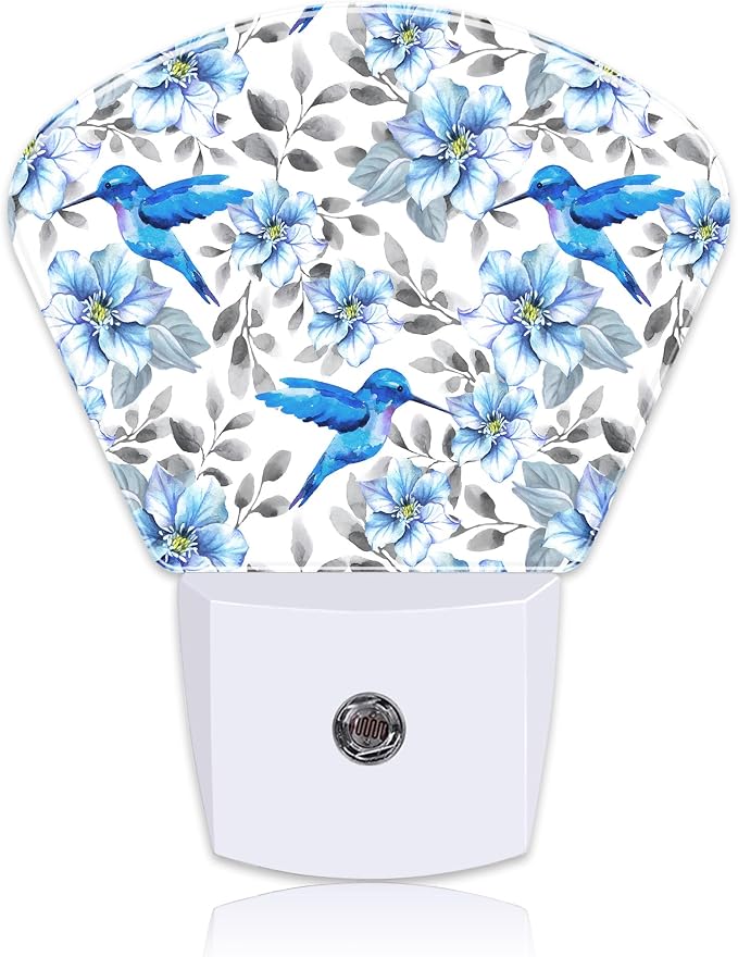 Watercolor Blue Flowers and Hummingbirds Night Light for Kids Girls Boys, Blue Hummingbirds LED Night Light Plug into Wall with Dusk to Dawn Sensor for Room, Hallway, Kitchen, Bathroom, Stairs Decor