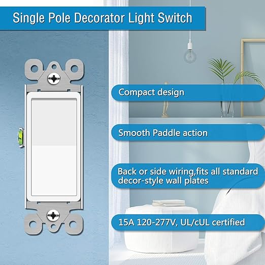 Greencycle Single Pole Rocker Light Switch,Paddle Light Switch 15 Amp,Sp Switches White,120V-277V AC,On/Off Wall Switches, Residential/Commercial Grade,Home & Office,UL/CUL,2PK